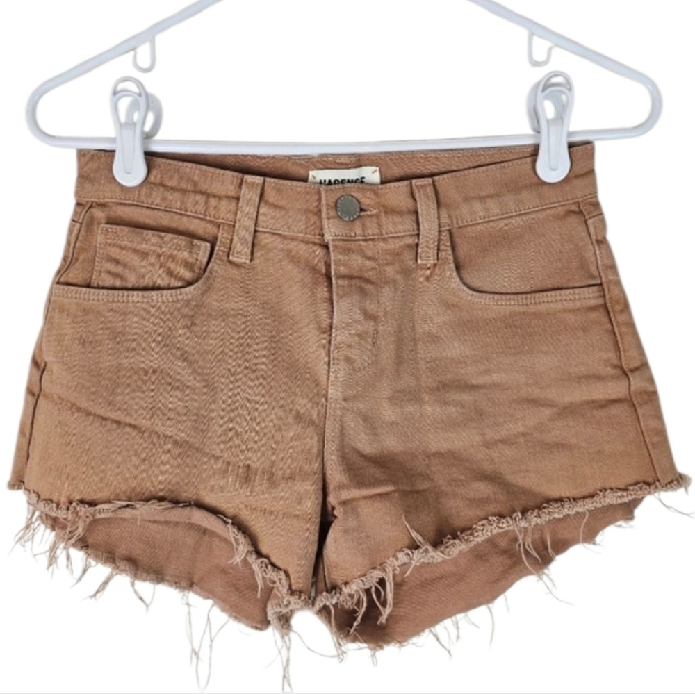 L’AGENCE Janelle High Rise Cutoff Denim Shorts Tan Raw Hem Size 24 Premium
